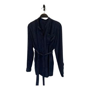 Elie Tahari Blue Vegan Suede Button Down Tunic Top with Tie Waist